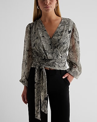 Floral V-Neck Faux Wrap Tie Waist Top