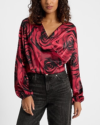 Floral Satin V-Neck Long Sleeve Surplice Top