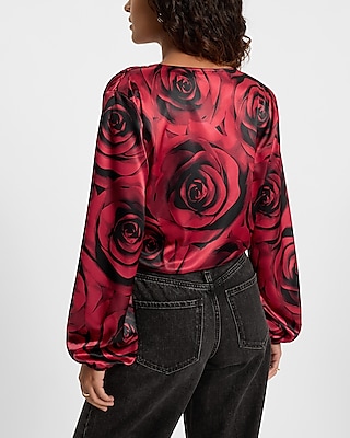 Floral Satin V-Neck Long Sleeve Surplice Top