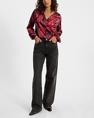 Floral Satin V-Neck Long Sleeve Surplice Top