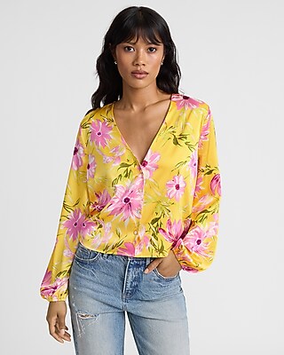 Floral Satin V-Neck Long Sleeve Shirt