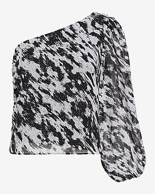 Metallic Printed One Shoulder Puff Sleeve Top