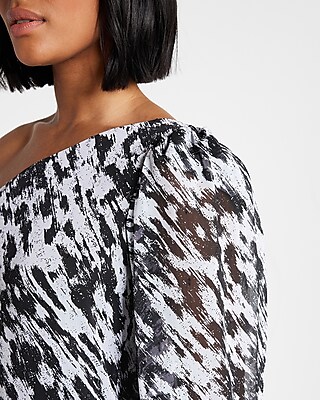 Metallic Printed One Shoulder Puff Sleeve Top