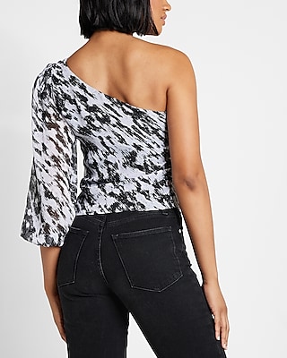 Metallic Printed One Shoulder Puff Sleeve Top