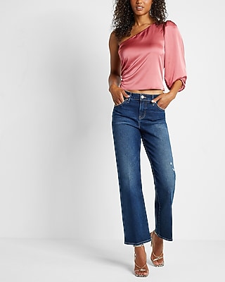 Satin One Shoulder Puff Sleeve Top