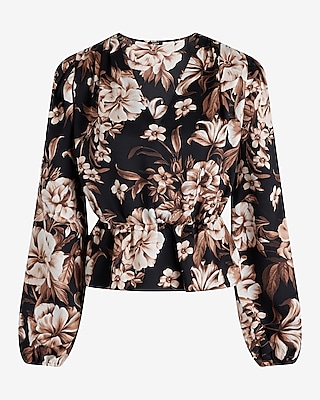 Floral Long Sleeve V-Neck Peplum Top