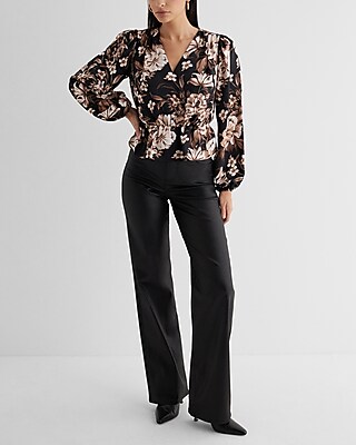 Floral Long Sleeve V-Neck Peplum Top