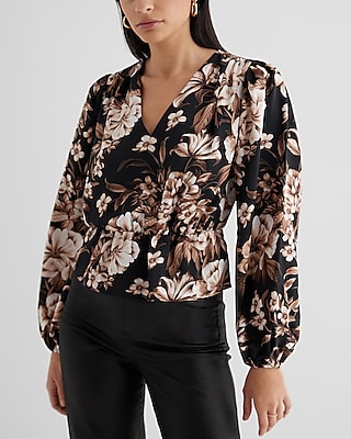 Floral Long Sleeve V-Neck Peplum Top