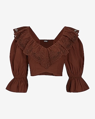 Embroidered Ruffle V-Neck Cropped Top