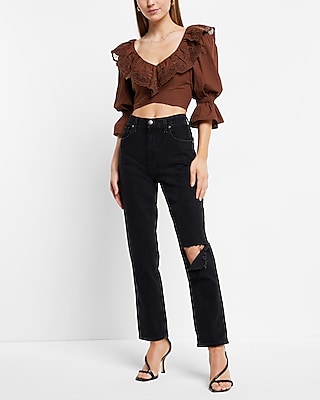 Embroidered Ruffle V-Neck Cropped Top