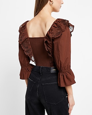 Embroidered Ruffle V-Neck Cropped Top