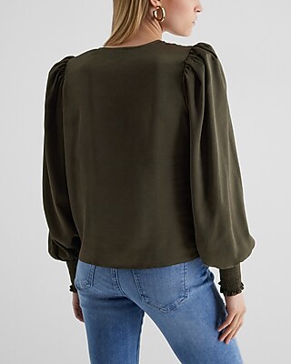 V-Neck Long Sleeve Smocked Cuff Top - image 3
