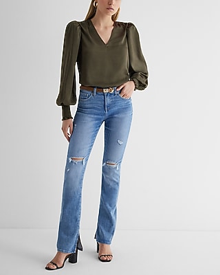 V-neck Long Sleeve Smocked Cuff Top | Express