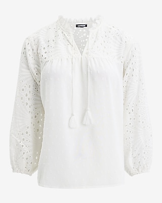 Dot Eyelet Tie V-Neck Long Sleeve Top - image 5