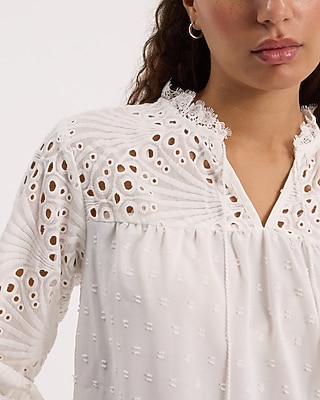 Dot Eyelet Tie V-Neck Long Sleeve Top - image 2