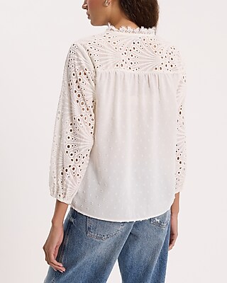 Dot Eyelet Tie V-Neck Long Sleeve Top - image 3
