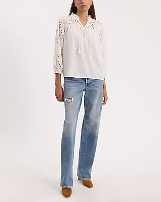 Dot Eyelet Tie V-Neck Long Sleeve Top - image 4