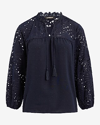 Dot Eyelet Tie V-Neck Long Sleeve Top - thumbnail 5