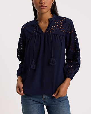 Dot Eyelet Tie V-Neck Long Sleeve Top