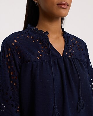 Dot Eyelet Tie V-Neck Long Sleeve Top - thumbnail 2