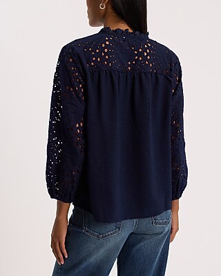 Dot Eyelet Tie V-Neck Long Sleeve Top - thumbnail 3