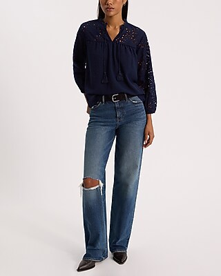 Dot Eyelet Tie V-Neck Long Sleeve Top - thumbnail 4