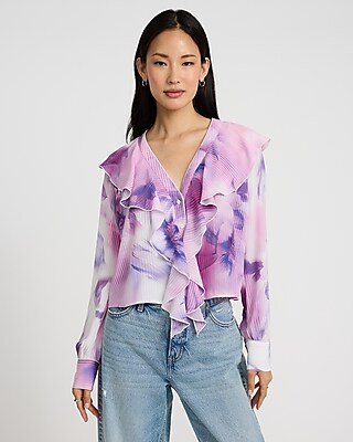 Printed Ruffle Front Long Sleeve Top