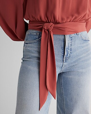 Crew Neck Balloon Sleeve Tie Waist Top - image 2