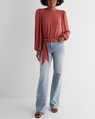 Crew Neck Balloon Sleeve Tie Waist Top - image 5