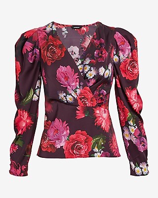 Satin Floral Puff Sleeve Wrap Top