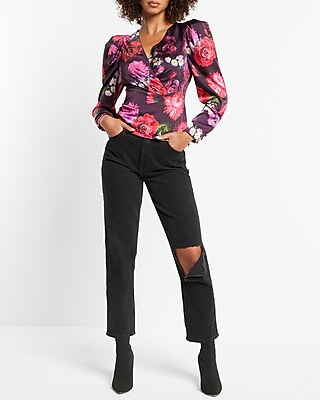 Satin Floral Puff Sleeve Wrap Top