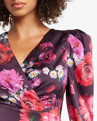 Satin Floral Puff Sleeve Wrap Top