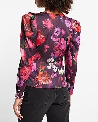 Satin Floral Puff Sleeve Wrap Top