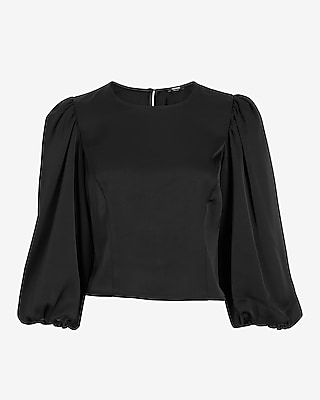 Satin Crew Neck Puff Sleeve Top