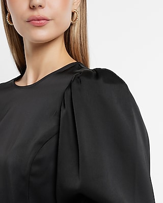 Satin Crew Neck Puff Sleeve Top