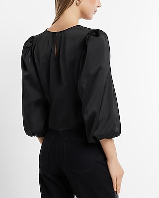 Satin Crew Neck Puff Sleeve Top
