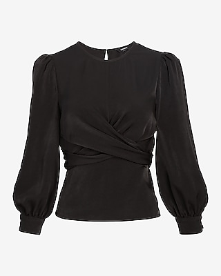 Satin Crew Neck Puff Sleeve Wrap Top