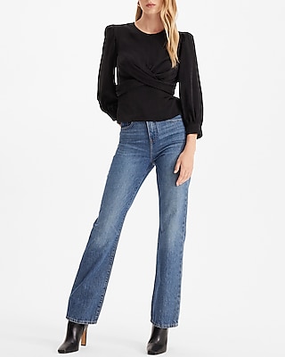 Satin Crew Neck Puff Sleeve Wrap Top