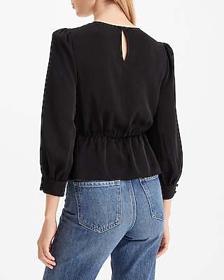 Satin Crew Neck Puff Sleeve Wrap Top
