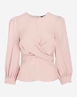 Satin Crew Neck Puff Sleeve Wrap Top