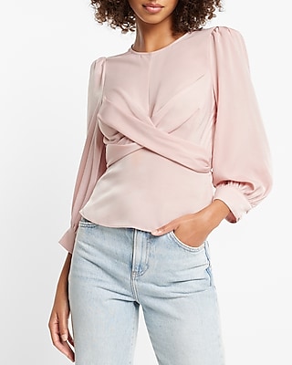 Satin Crew Neck Puff Sleeve Wrap Top