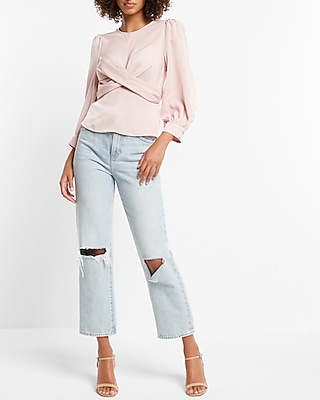 Satin Crew Neck Puff Sleeve Wrap Top