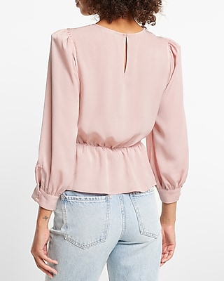 Satin Crew Neck Puff Sleeve Wrap Top