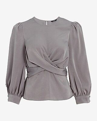 Satin Crew Neck Puff Sleeve Wrap Top