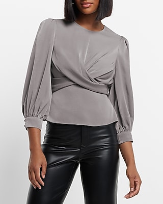 Satin Crew Neck Puff Sleeve Wrap Top