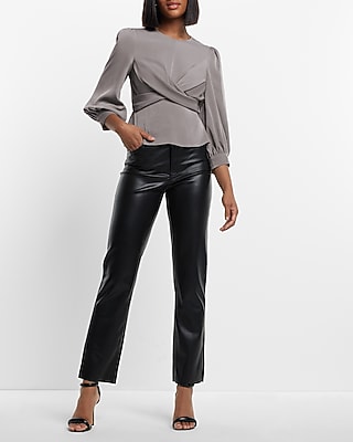 Satin Crew Neck Puff Sleeve Wrap Top