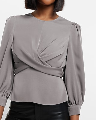 Satin Crew Neck Puff Sleeve Wrap Top