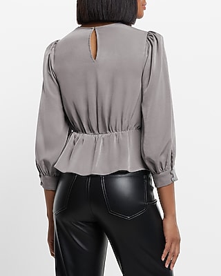 Satin Crew Neck Puff Sleeve Wrap Top