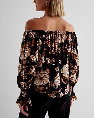 Satin Floral Off The Shoulder Smocked Cuff Top