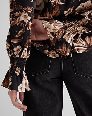 Satin Floral Off The Shoulder Smocked Cuff Top